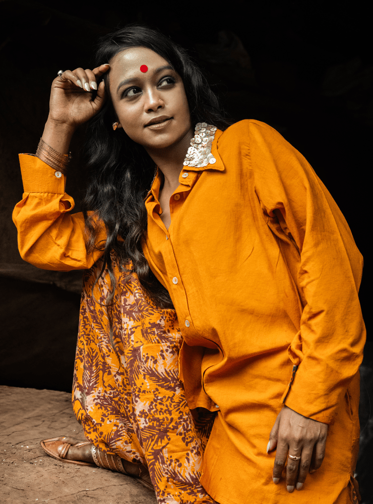 Burnt Orange Shirt with Shell Button Collar - Prathaa - weaving traditions