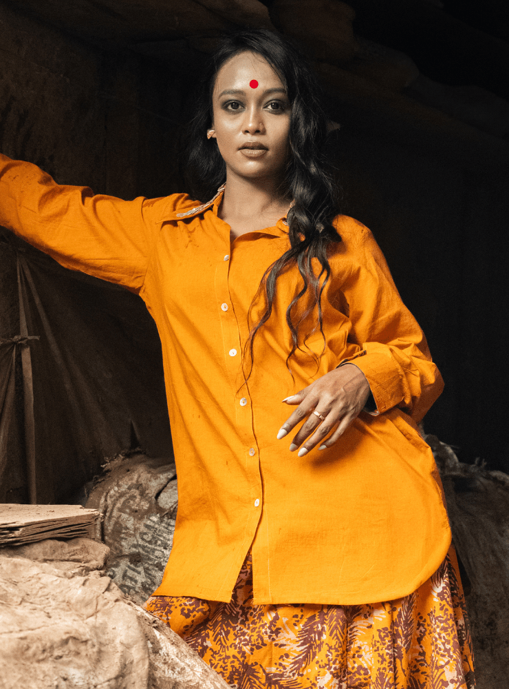 Burnt Orange Shirt with Shell Button Collar - Prathaa - weaving traditions