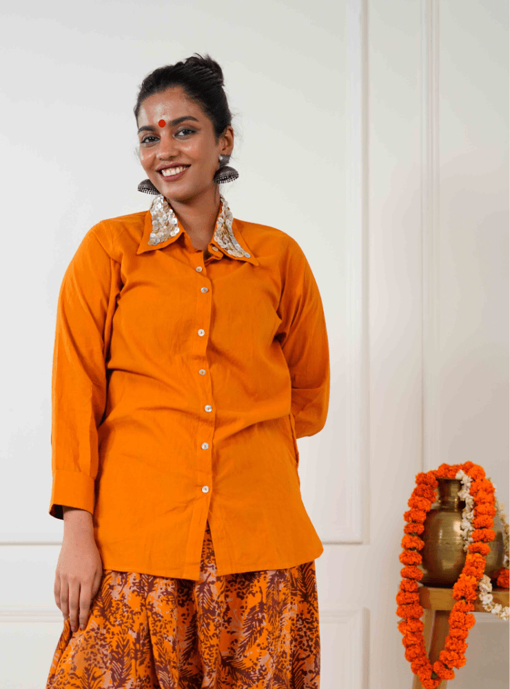 Burnt Orange Shirt with Shell Button Collar - Prathaa - weaving traditions