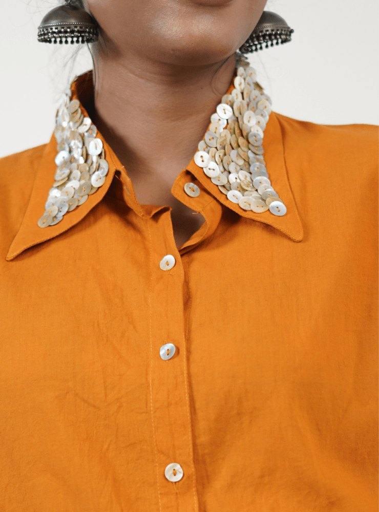 Burnt Orange Shirt with Shell Button Collar - Prathaa - weaving traditions