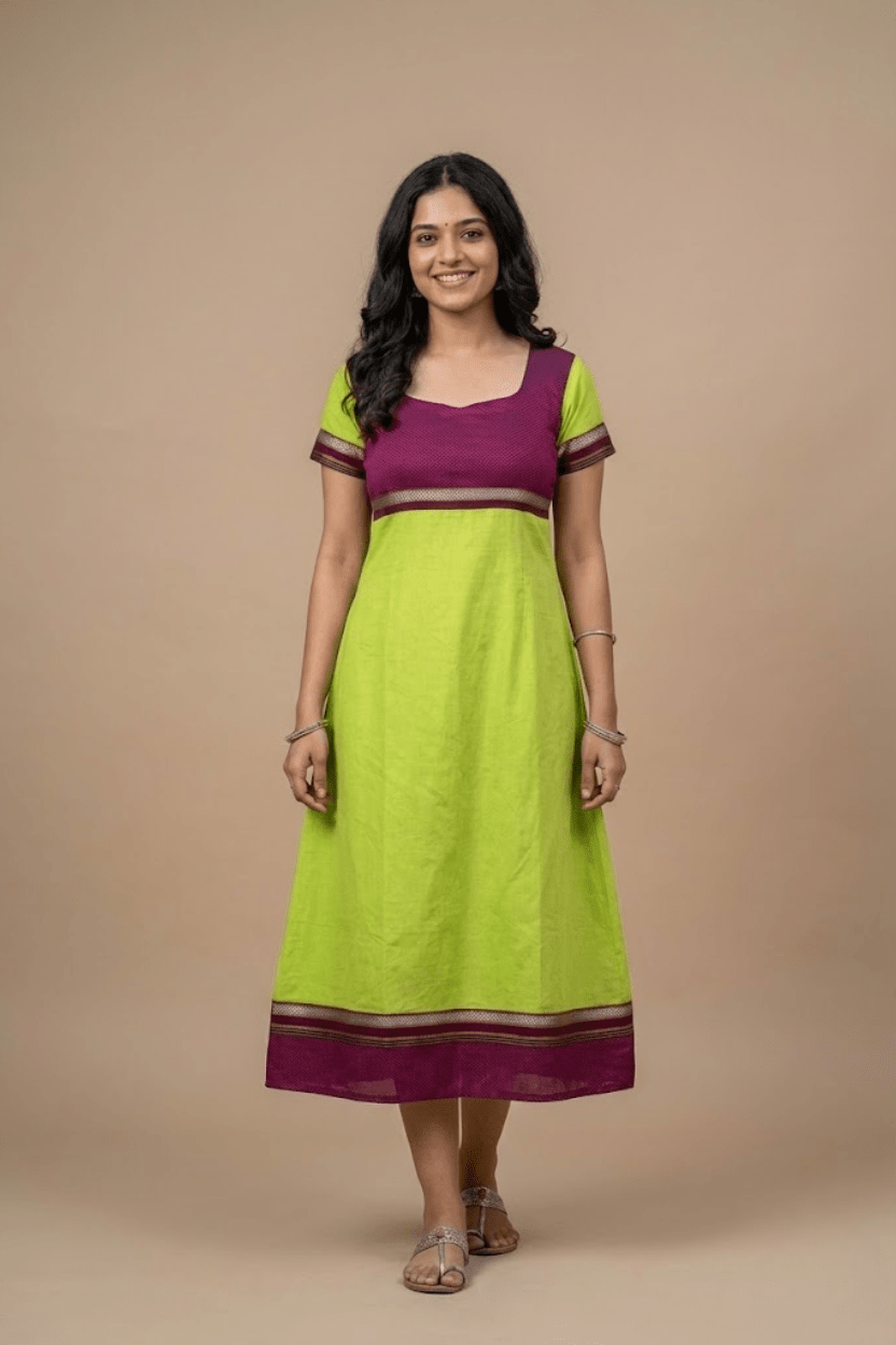 Green and Pink Tunic Dress | Handloom Cotton Tunic - Prathaa - weaving traditions