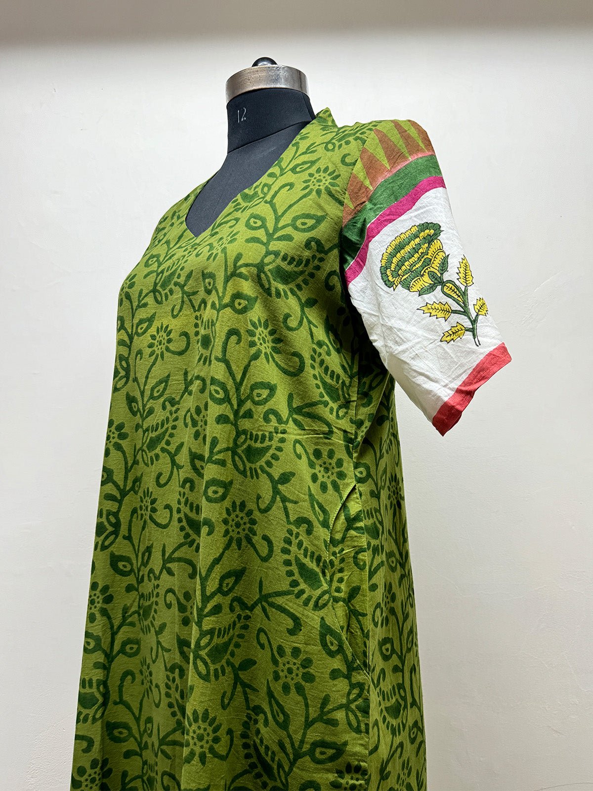 Green Block Printed half sleeve tunic - Prathaa - weaving traditions