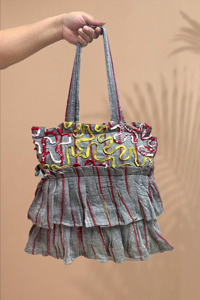 Grey Frill Khesh Tote Bags - Prathaa - weaving traditions