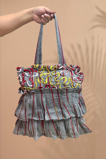 Grey Frill Khesh Tote Bags - Prathaa - weaving traditions