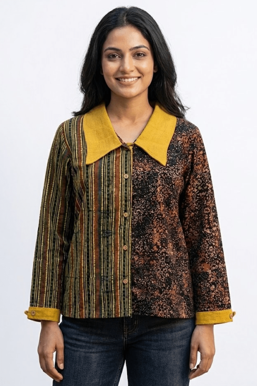 Half and Half Cotton Shirt with Yellow Collar - Prathaa - weaving traditions
