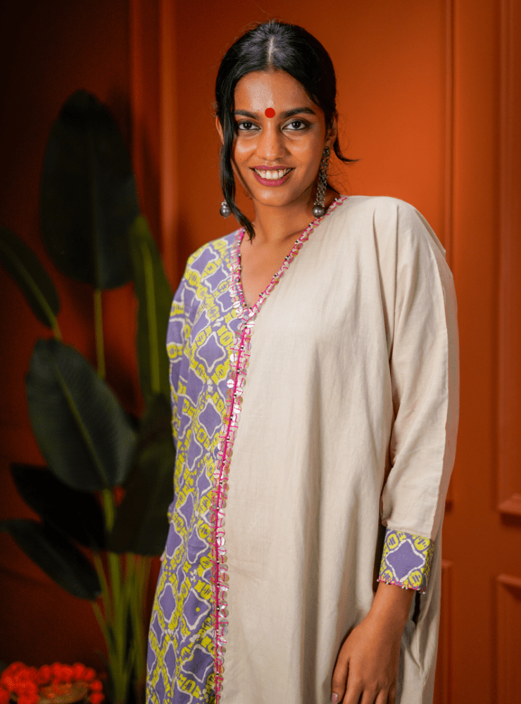 Half & Half Purple Beige Kaftan - Prathaa - weaving traditions