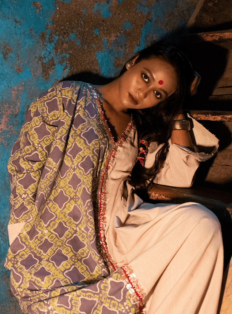 Half & Half Purple Beige Kaftan - Prathaa - weaving traditions