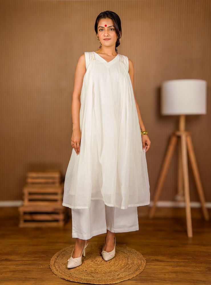 Handloom Cotton Calf - length White Summer Dress with Pant - Set - Prathaa - weaving traditions