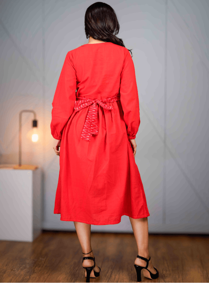 Red Handloom Cotton Balloon Sleeve Heer Dress thumbnail 4