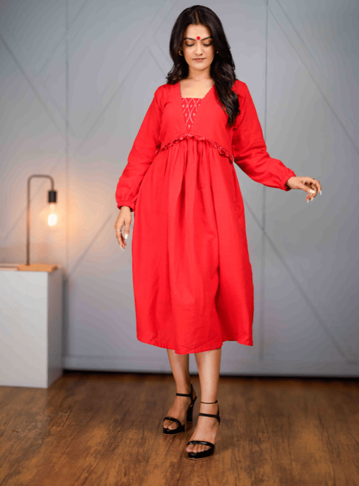 Red Handloom Cotton Balloon Sleeve Heer Dress thumbnail 2