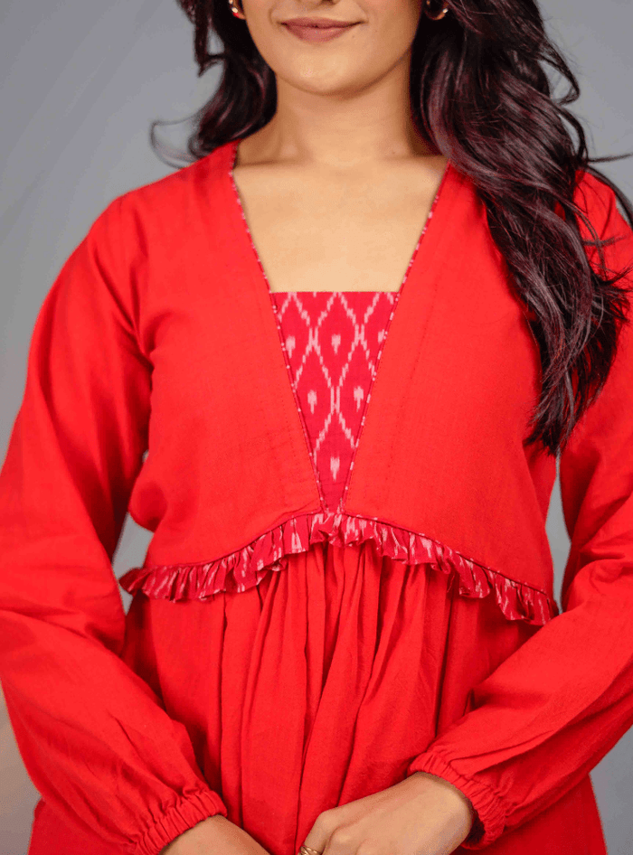 Red Handloom Cotton Balloon Sleeve Heer Dress thumbnail 5