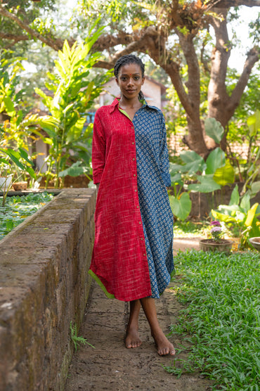 Indigo and Red Shirt Dress - Prathaa - weaving traditions