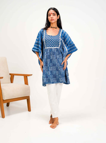 Indigo Dabu Kaftan Dress/Top - Prathaa - weaving traditions