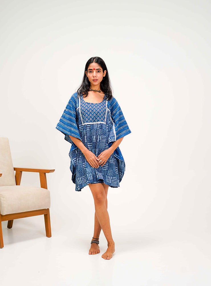 Indigo Dabu Kaftan Dress/Top - Prathaa - weaving traditions