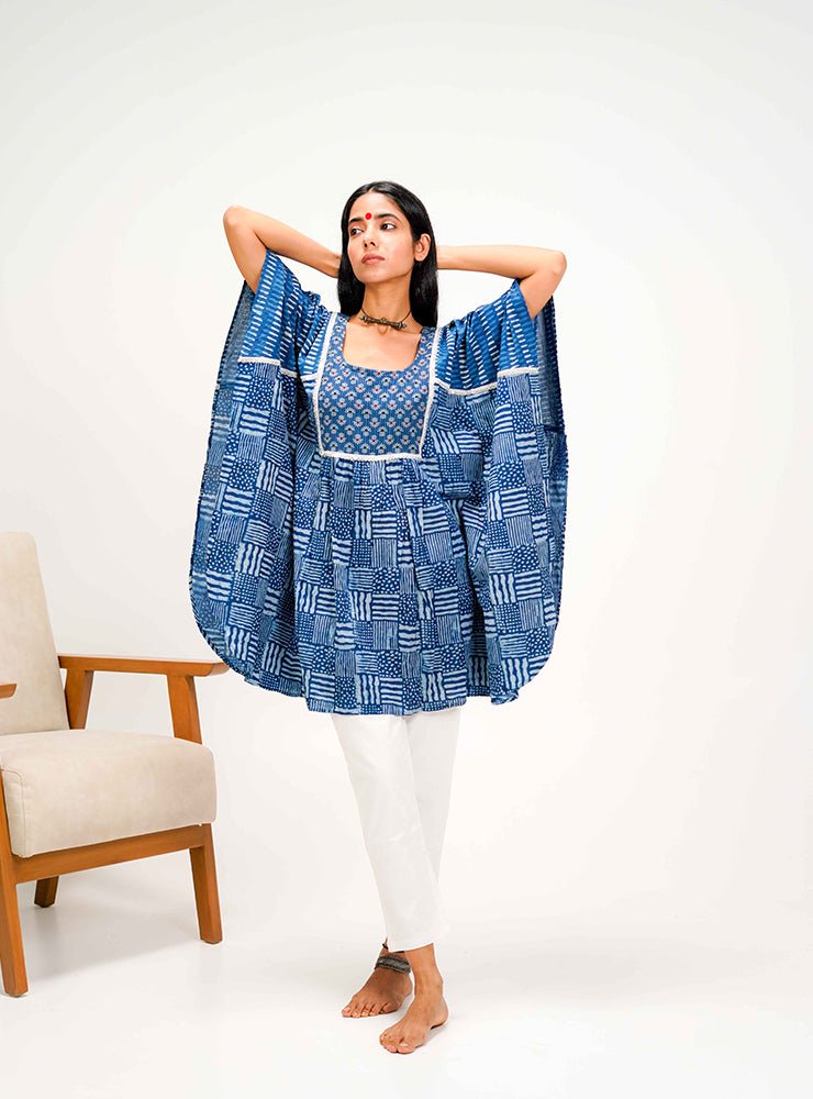 Indigo Dabu Kaftan Dress/Top - Prathaa - weaving traditions