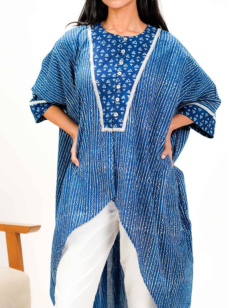 Indigo Dabu Kaftan Jacket Top - Prathaa - weaving traditions