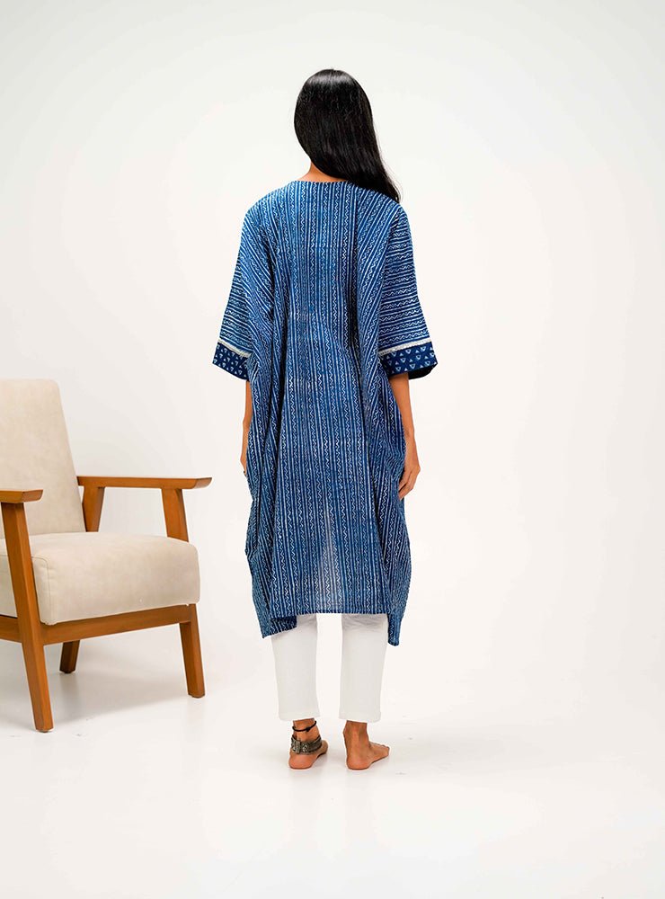 Indigo Dabu Kaftan Jacket Top - Prathaa - weaving traditions