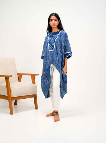 Indigo Dabu Kaftan Jacket Top - Prathaa - weaving traditions