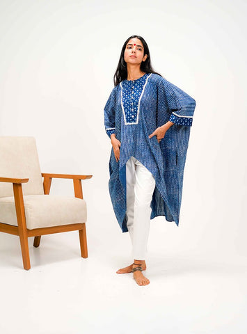 Indigo Dabu Kaftan Jacket Top - Prathaa - weaving traditions