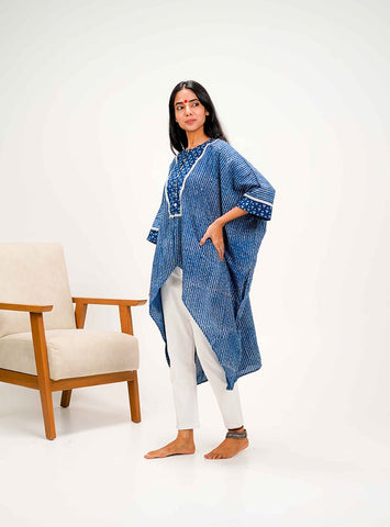 Indigo Dabu Kaftan Jacket Top - Prathaa - weaving traditions