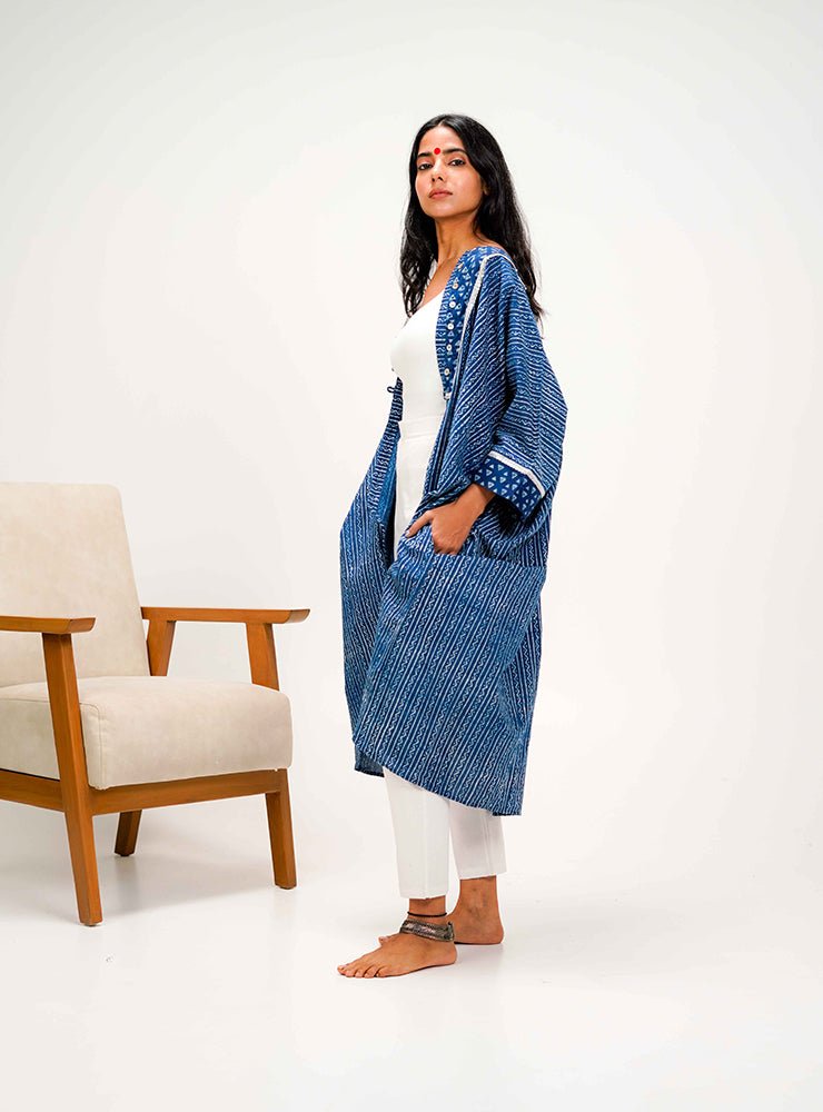 Indigo Dabu Kaftan Jacket Top - Prathaa - weaving traditions