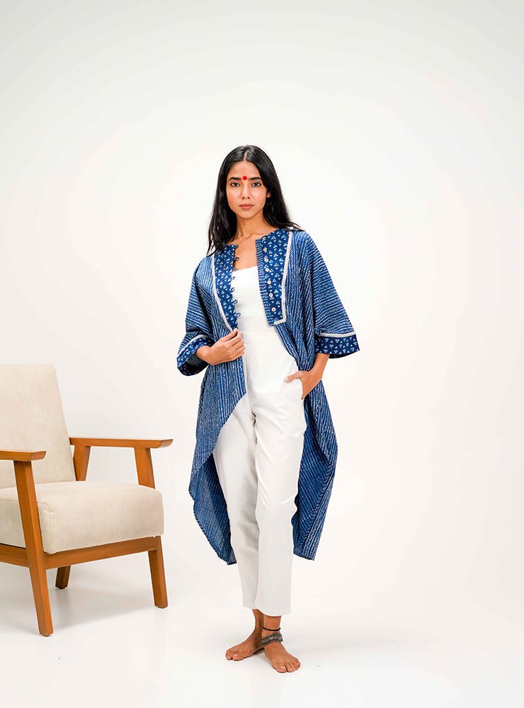 Indigo Dabu Kaftan Jacket Top - Prathaa - weaving traditions