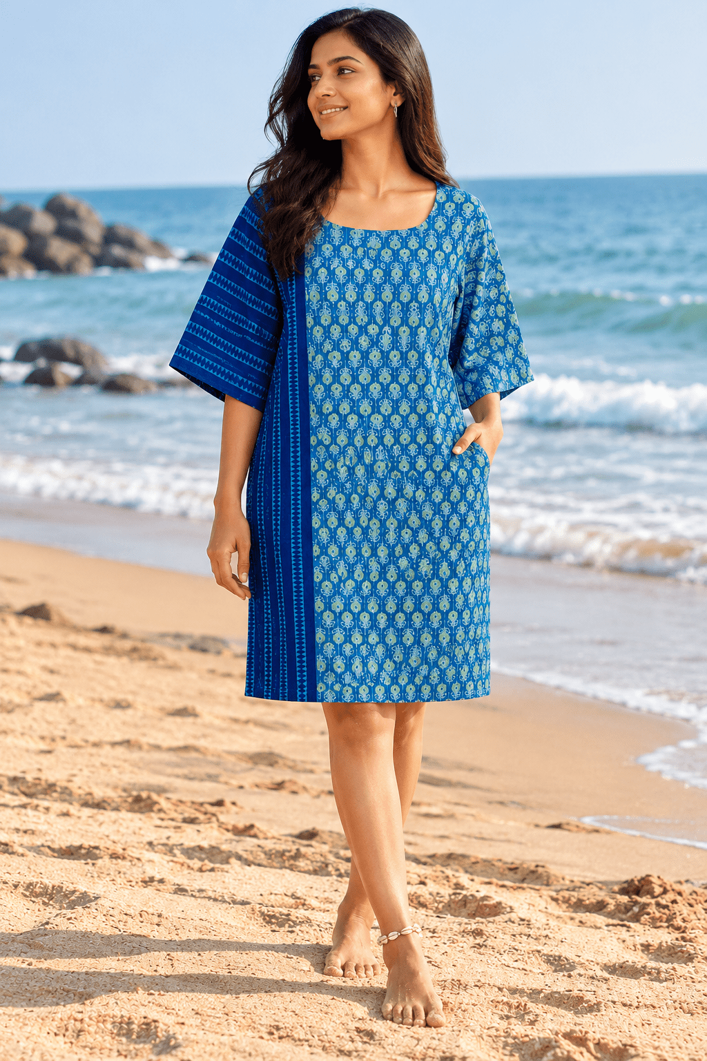 INDIGO MIX MATCH TUNIC DRESS - Prathaa-weaving traditions