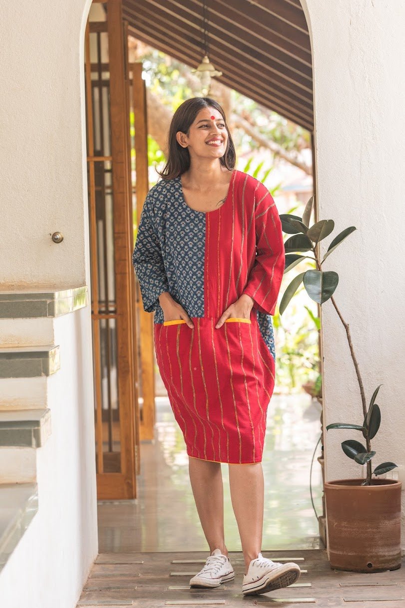 Indigo - Red Tunic - Prathaa - weaving traditions