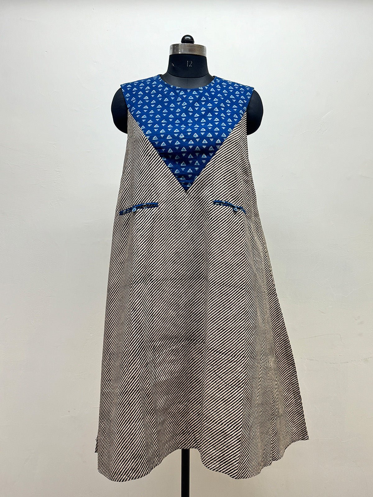 Indigo/Black and white striped A Line dress - Prathaa - weaving traditions