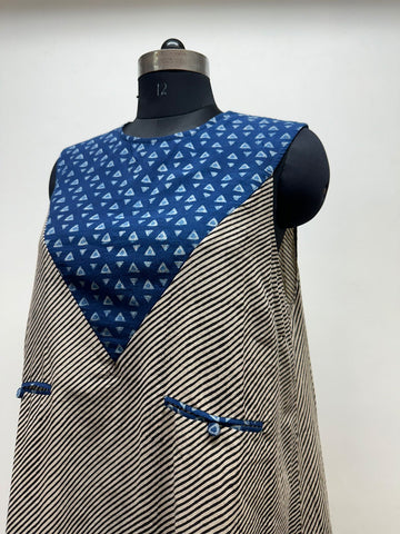 Indigo/Black and white striped A Line dress - Prathaa - weaving traditions