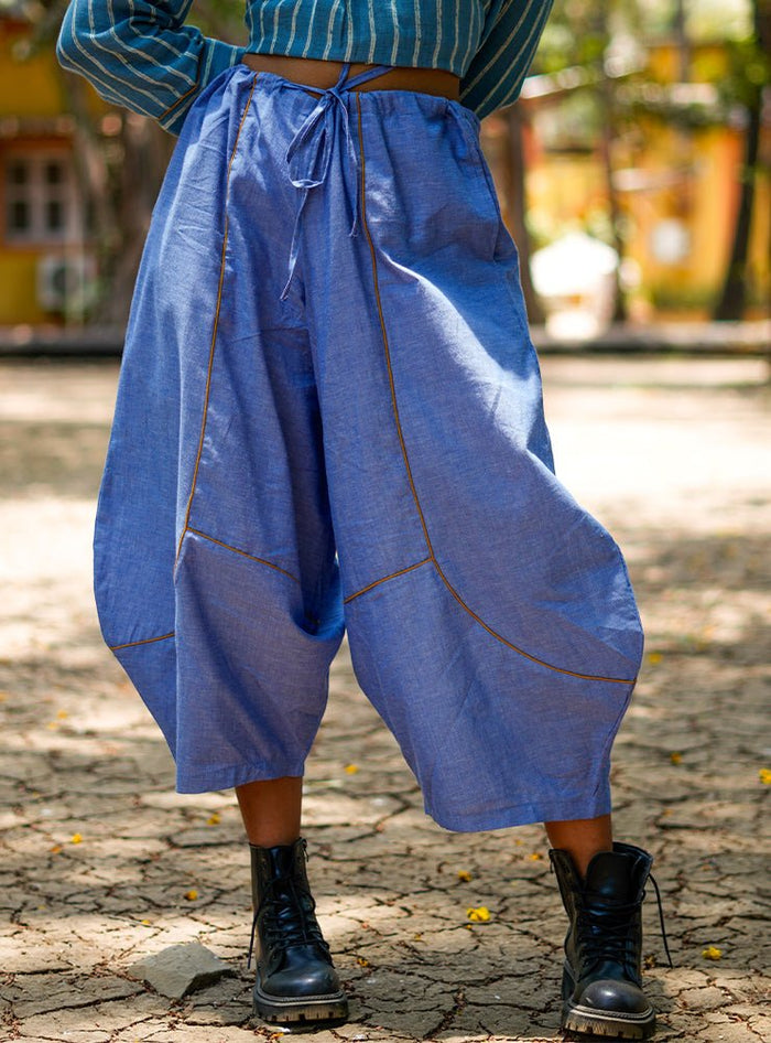 Blue Handloom Cotton Drawstring Meher Pants