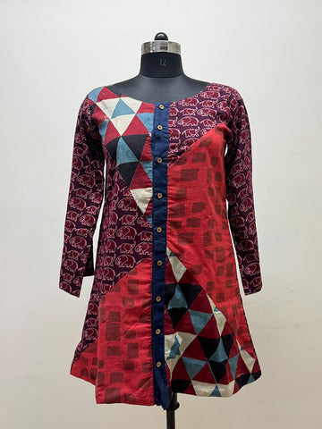 Multicoloured Patchwork and Navy Blue Jamdani Reversible Shirt - Prathaa - weaving traditions