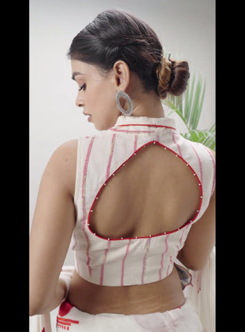 Notch Collar Sleeveless White Khesh Blouse - Prathaa - weaving traditions