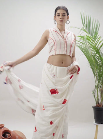 Notch Collar Sleeveless White Khesh Blouse - Prathaa - weaving traditions