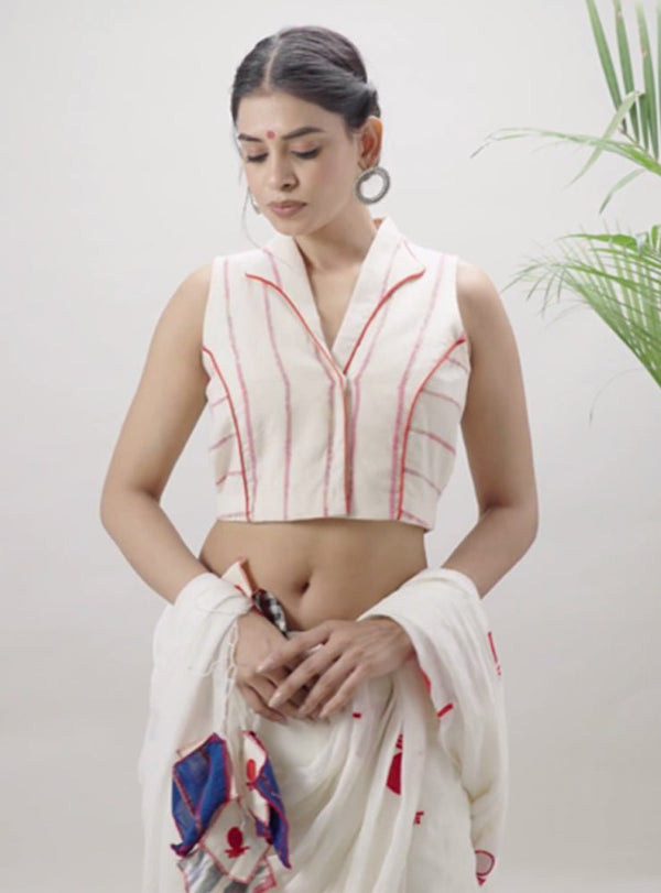 Notch Collar Sleeveless White Khesh Blouse - Prathaa - weaving traditions