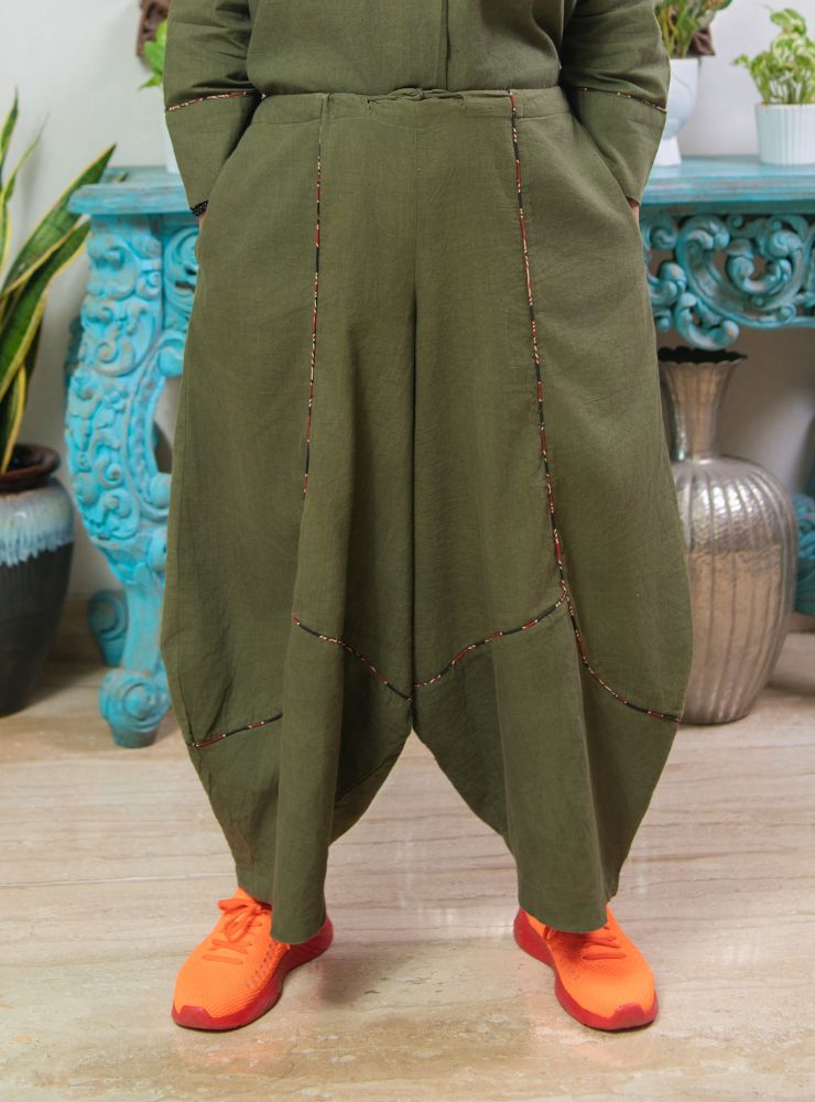 Olive Pants | Olive Drawstring Handloom Cotton Pants - Prathaa - weaving traditions