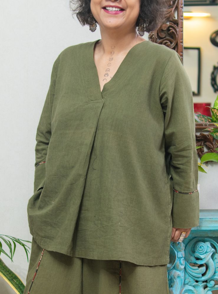 Olive Top | Handloom Cotton Overlapped Collar Top - Prathaa - weaving traditions
