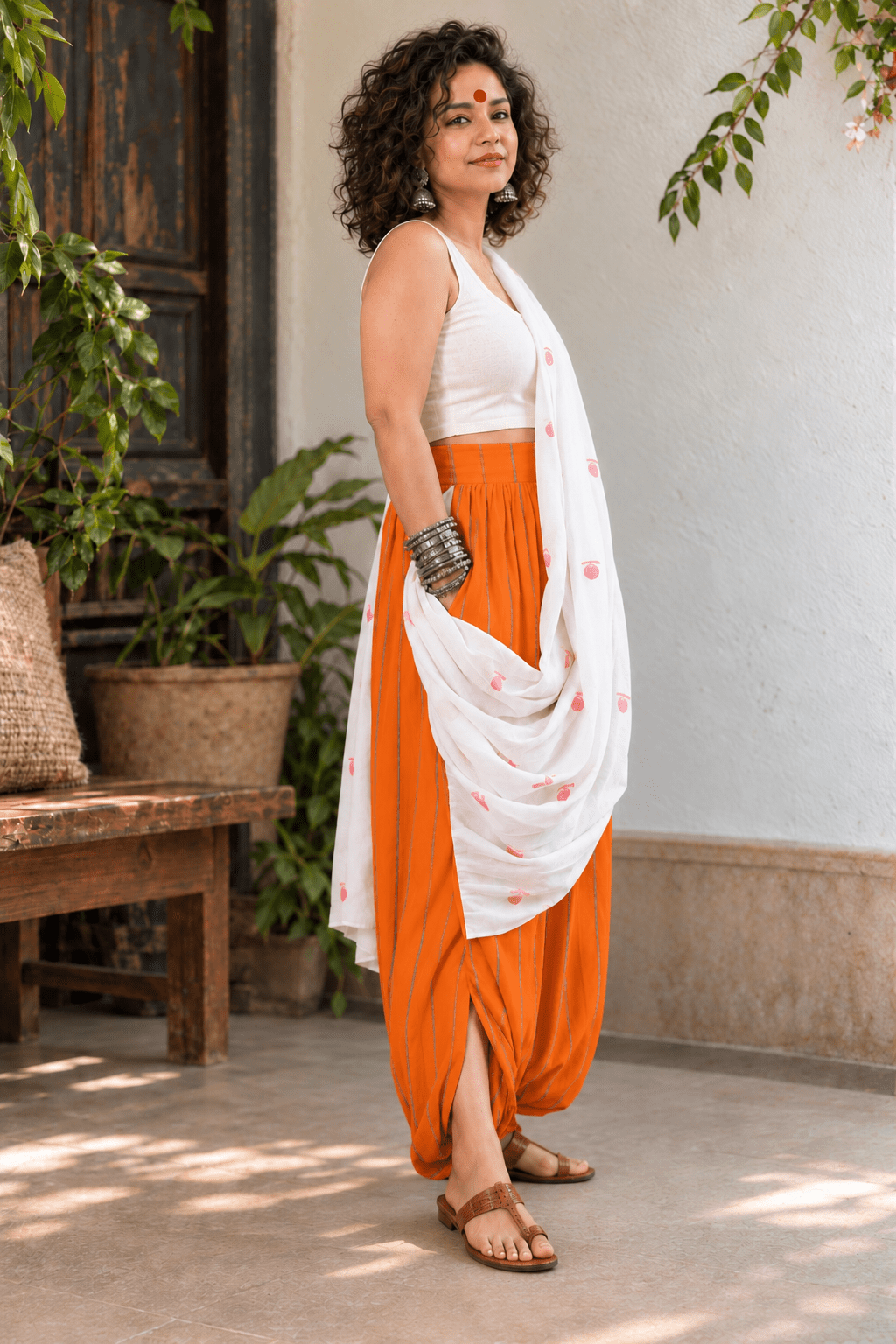 ORANGE Khesh cotton bindi dhoti saree - Prathaa-weaving traditions