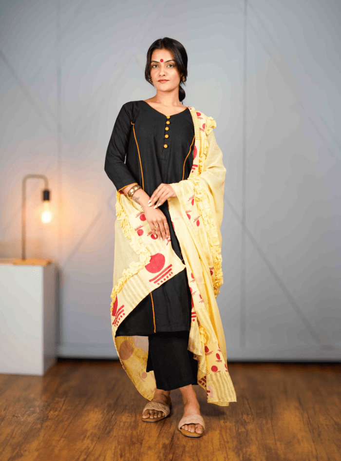 Pastel Yellow Handloom Cotton Bindi Dupatta from Prathaa