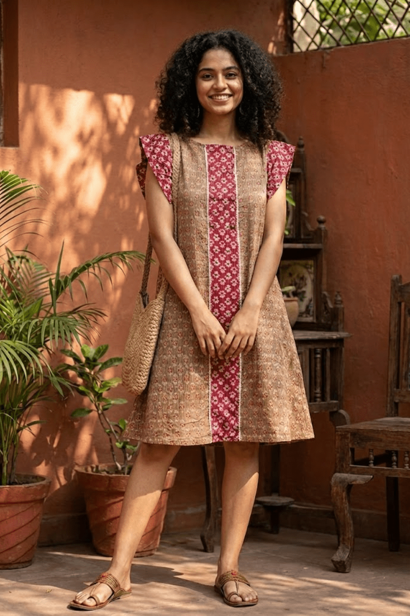Pink and Beige Kantha Dress - Prathaa - weaving traditions