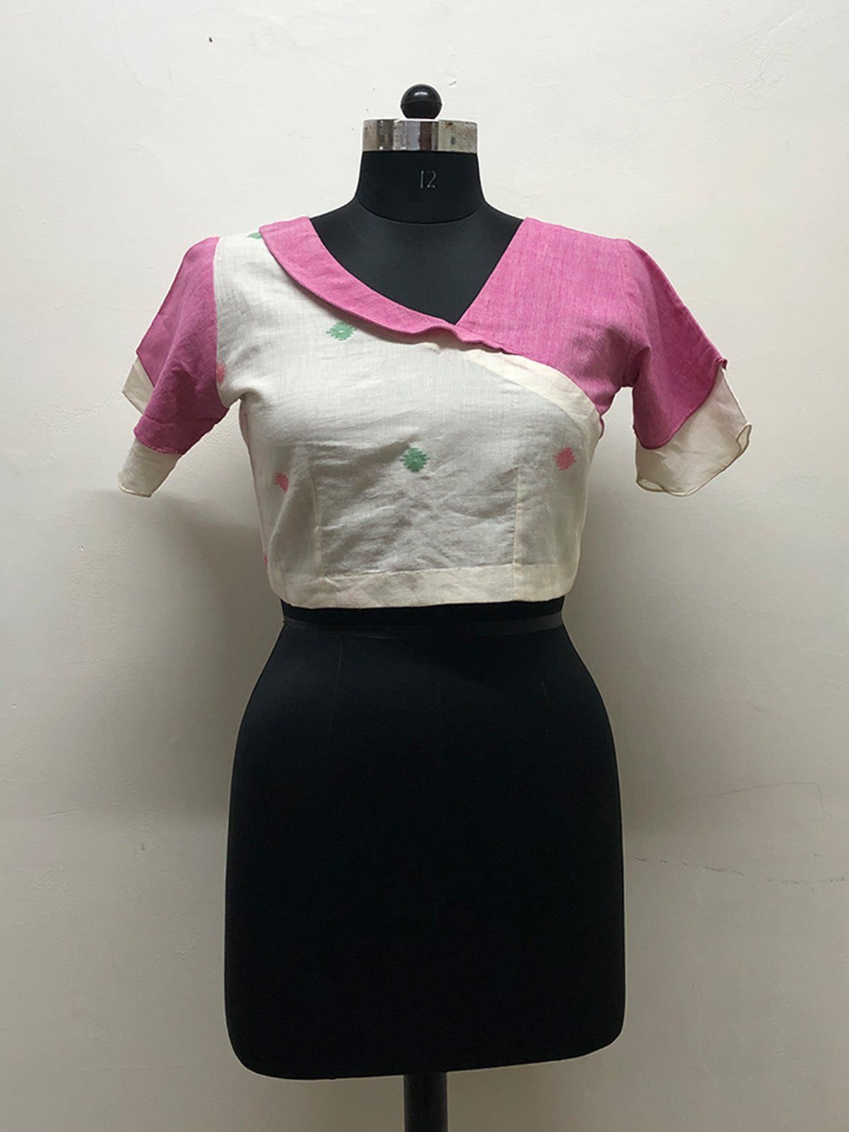 Pink and White Jamdani Blouse with Back Tieups - Prathaa - weaving traditions