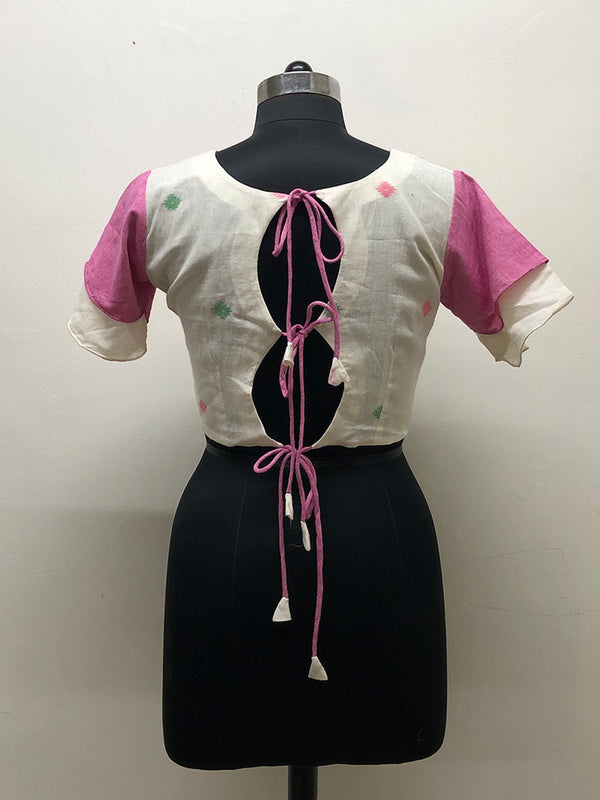 Pink and White Jamdani Blouse with Back Tieups - Prathaa - weaving traditions