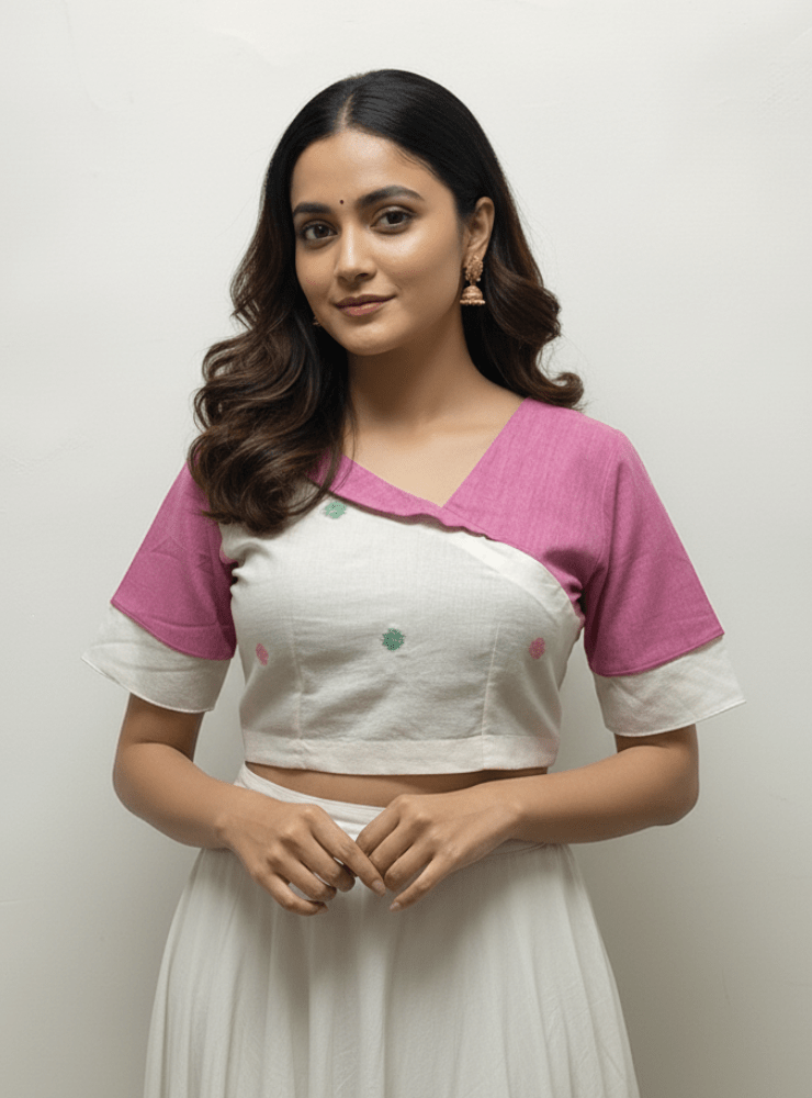 Pink and White Jamdani Cotton Blouse with Back Tieups - Prathaa - weaving traditions