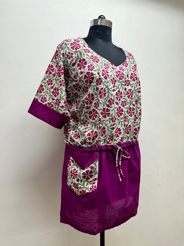 Pink Floral Block Printed long top - Prathaa - weaving traditions