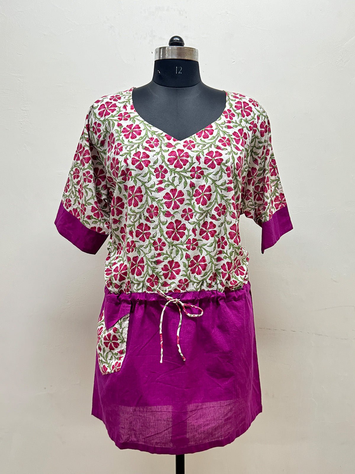 Pink Floral Block Printed long top - Prathaa - weaving traditions