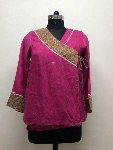 Pink Jamdani and Beige Kantha Angrakha Top - Prathaa - weaving traditions