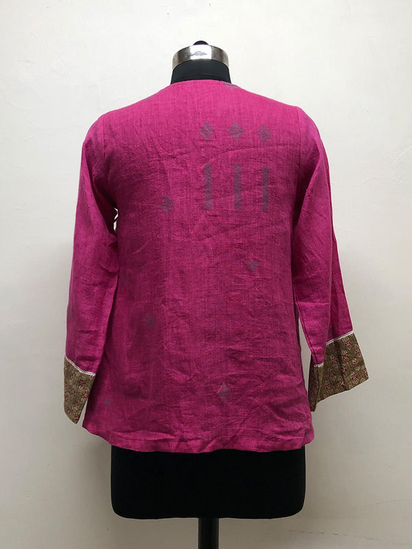 Pink Jamdani and Beige Kantha Angrakha Top - Prathaa - weaving traditions