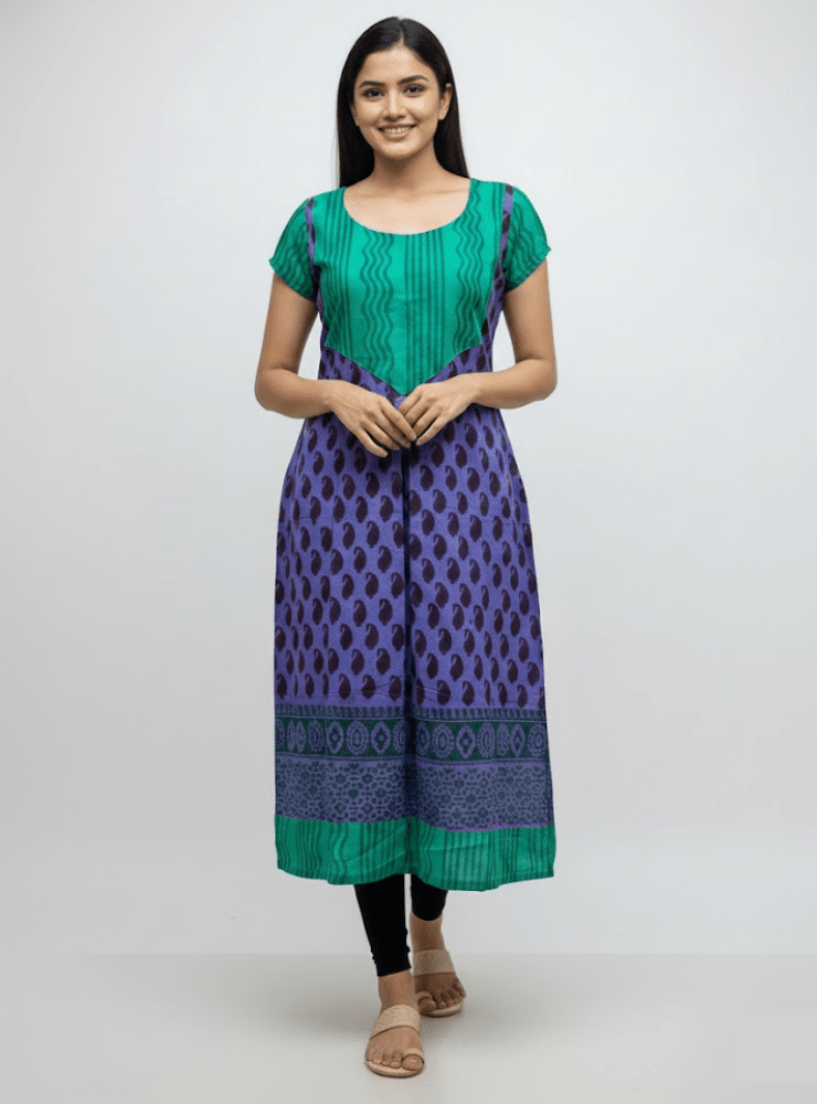 Purple and Green Block Printed Tunic | Handloom Cotton Tunic - Prathaa - weaving traditions