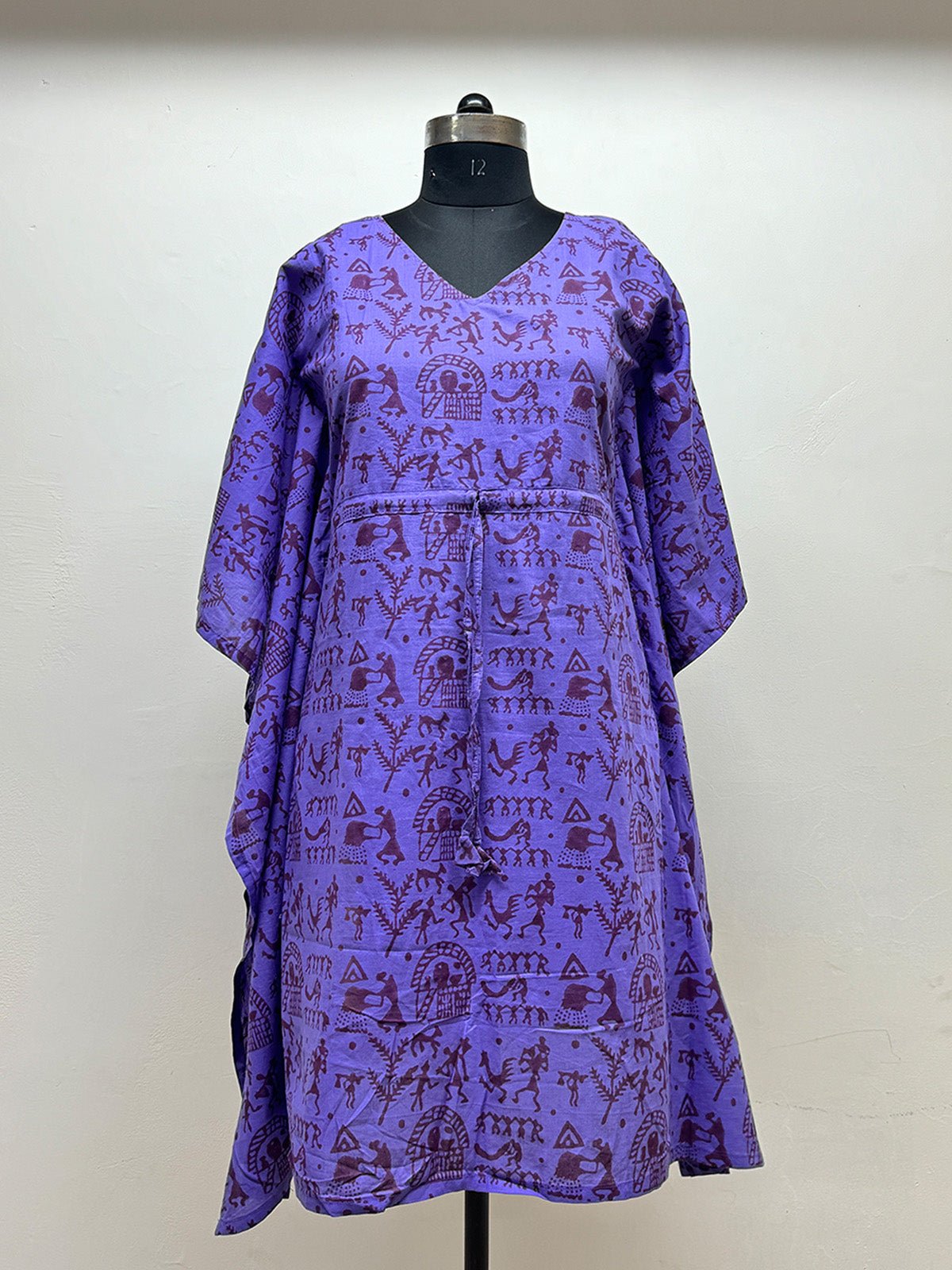 Purple Block Printed Kaftan with drawstring - Prathaa - weaving traditions