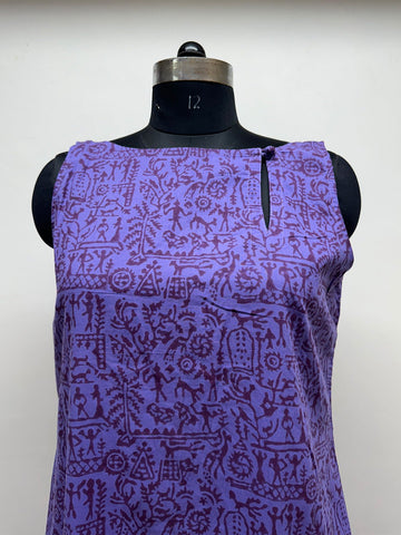 Purple Boat neck Block Printed dress - Prathaa - weaving traditions